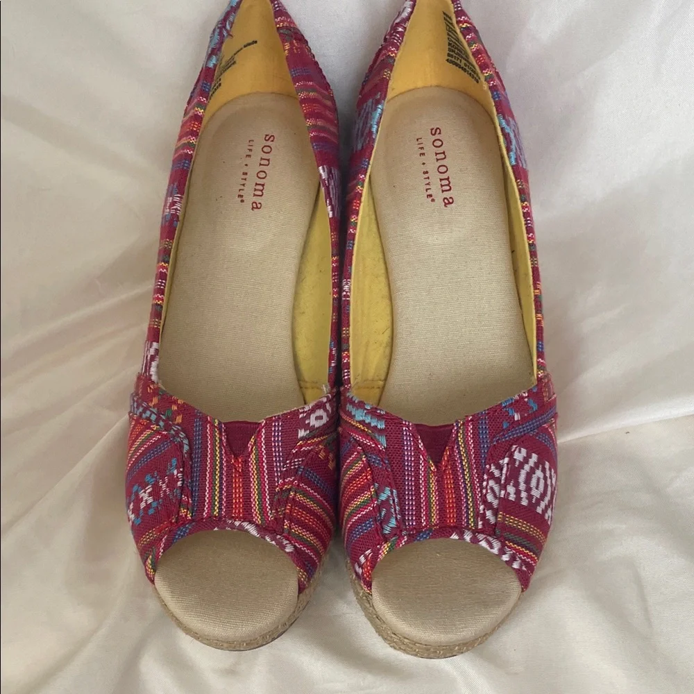 Tapestry Bohemian Patterned Espadrille wrapped Wedge Peep-Toe Heels size 6